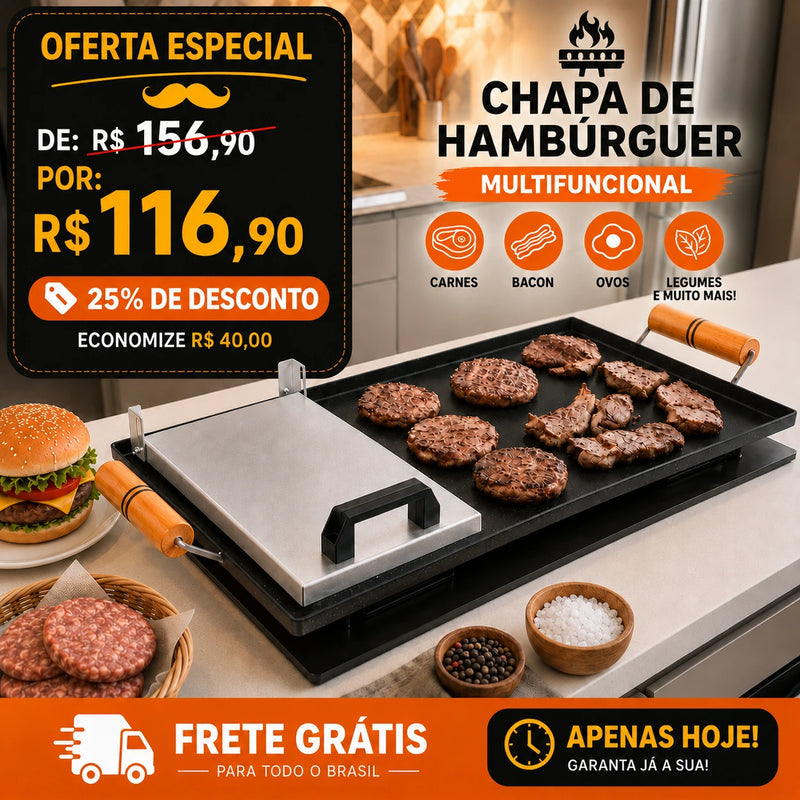 Chapa Grill Multifuncional para Fogão com Cabo de Madeira + Prensa Premium