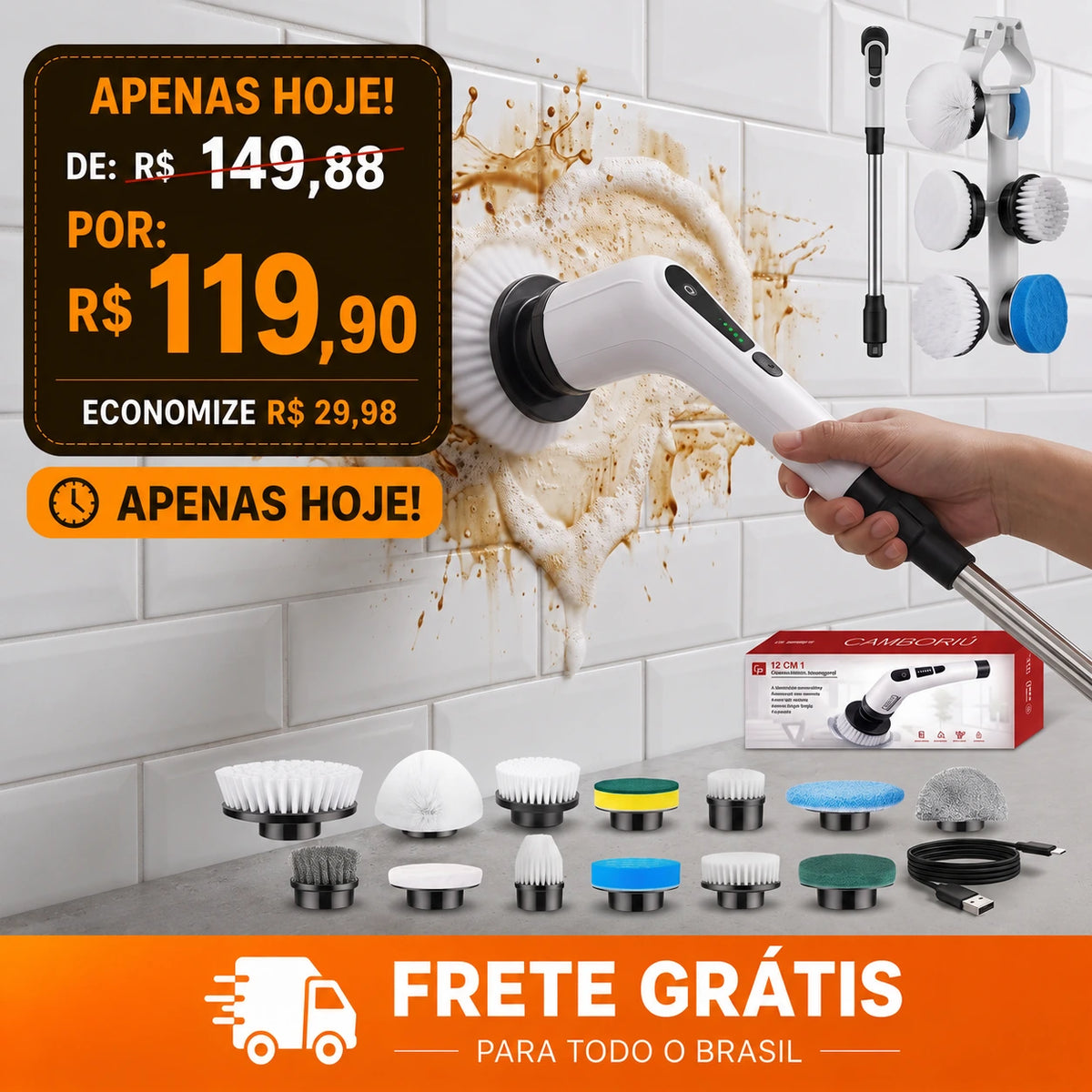 Escova Elétrica de Limpeza 12 em 1 Sem Fio