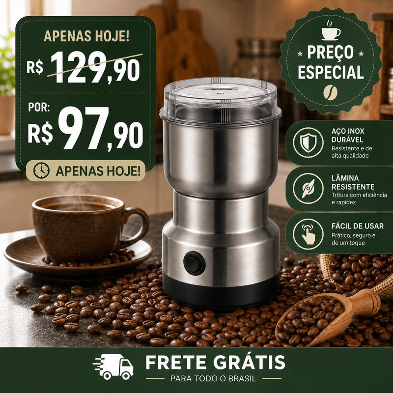Moedor Triturador de Café Elétrico Multifuncional em Aço Inox 150W