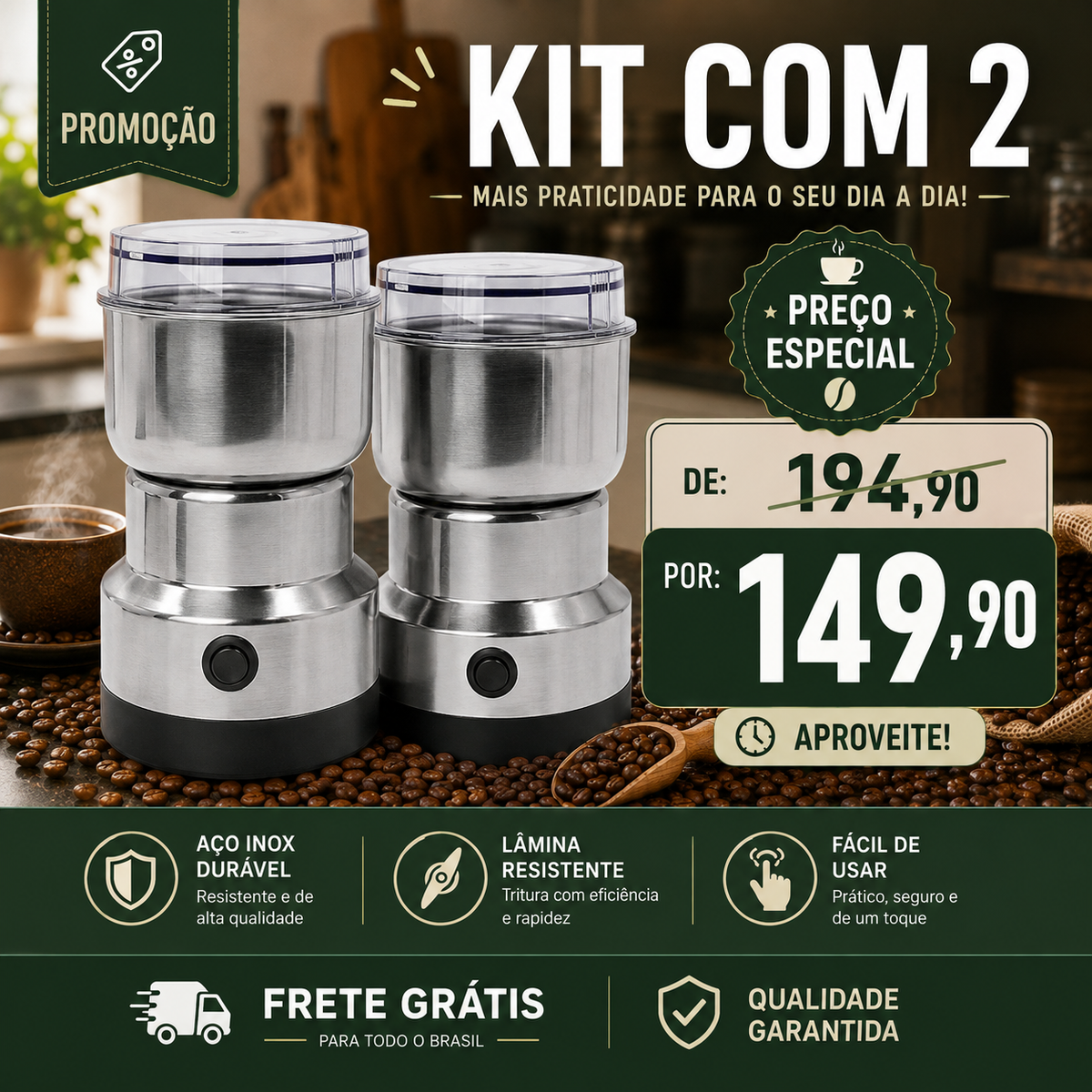 Moedor Triturador de Café Elétrico Multifuncional em Aço Inox 150W