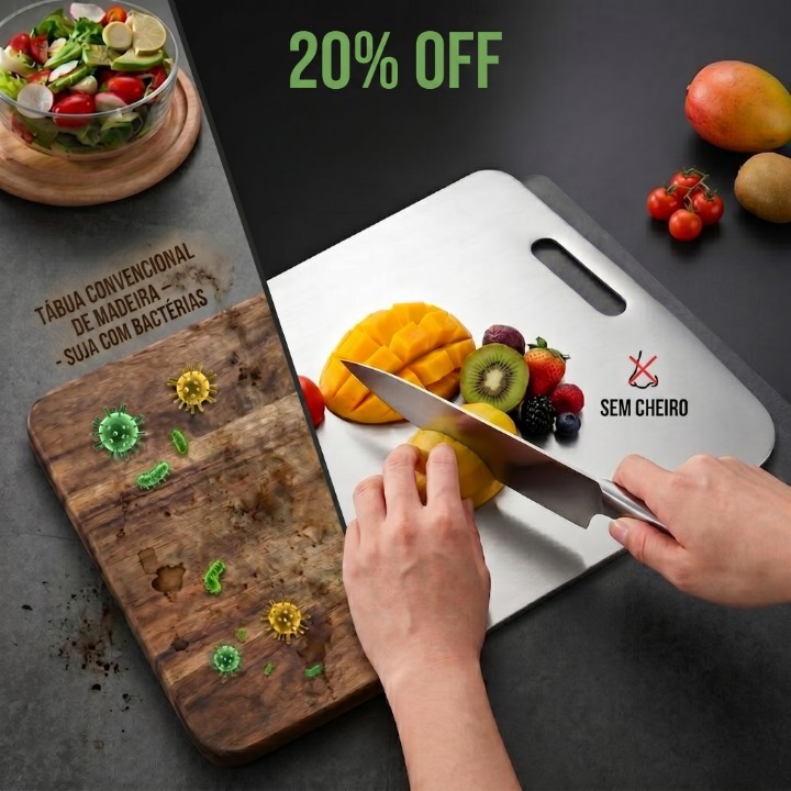 Tábua Higiênica Premium Inox 304 ZERO BACTÉRIAS -  ELIMINE 99% DAS IMPUREZAS DA SUA COZINHA
