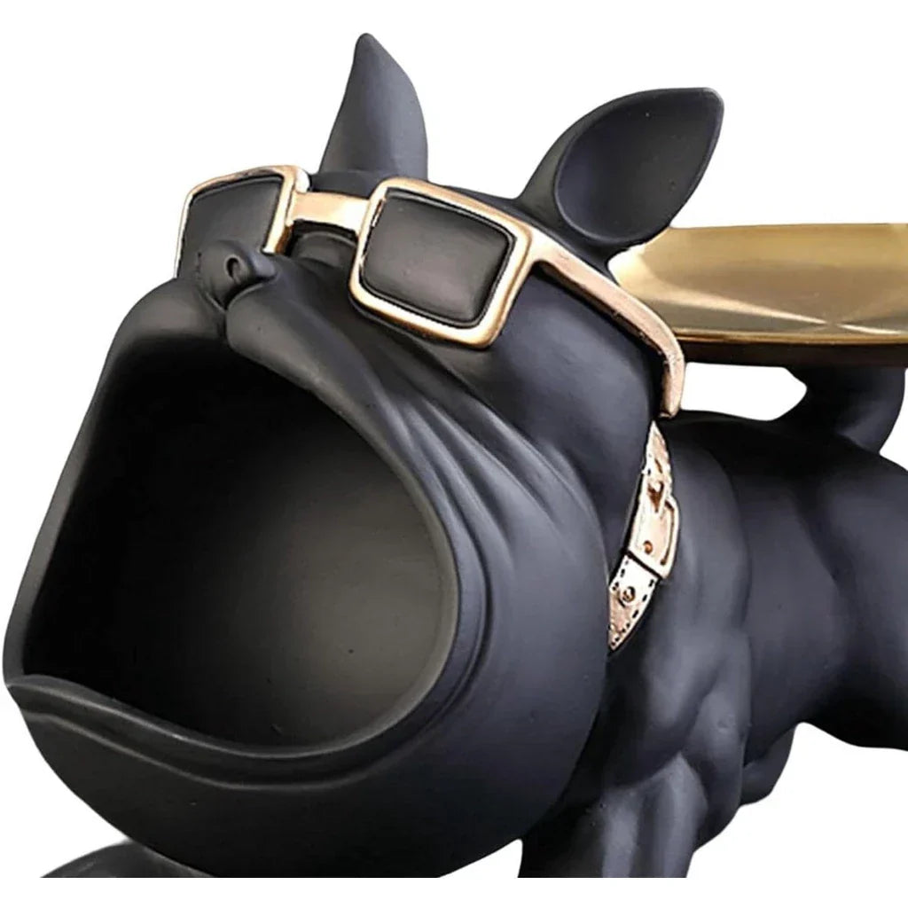 Escultura Decorativa de Cachorro Bulldog com Bandeja