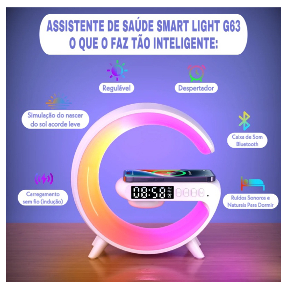 Caxinha de Som G -Speaker COR BRANCA Com Relógio Luminária Bluetooth Inteligente Carregador Sem Fio Led Luz COM RELÓGIO