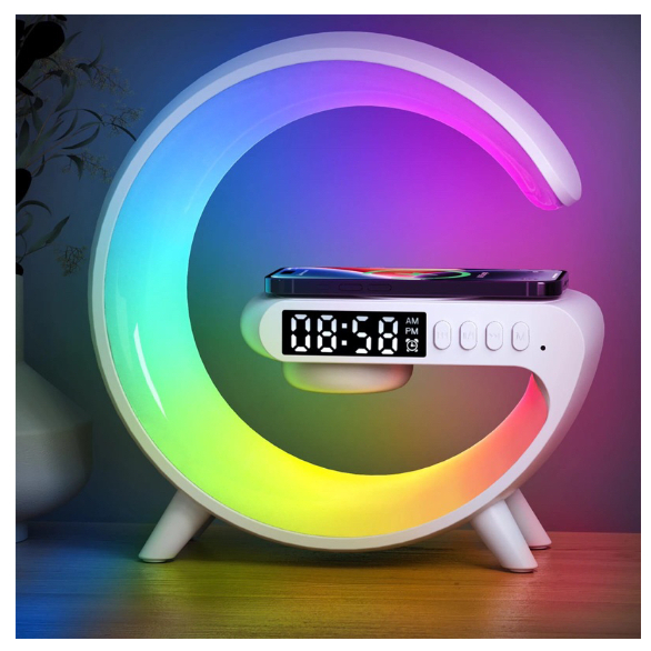 Caxinha de Som G -Speaker COR BRANCA Com Relógio Luminária Bluetooth Inteligente Carregador Sem Fio Led Luz COM RELÓGIO